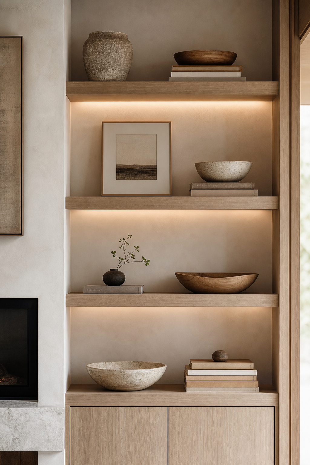 Japandi shelves edited with ceramics books and negative space