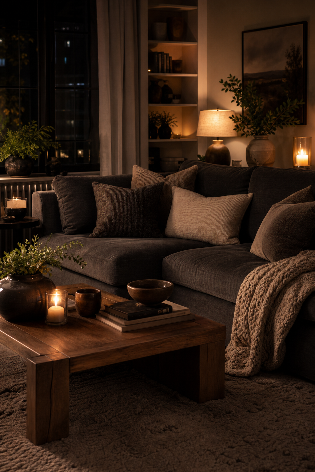 Dark grey couch styling idea with finish with a moody evening palette