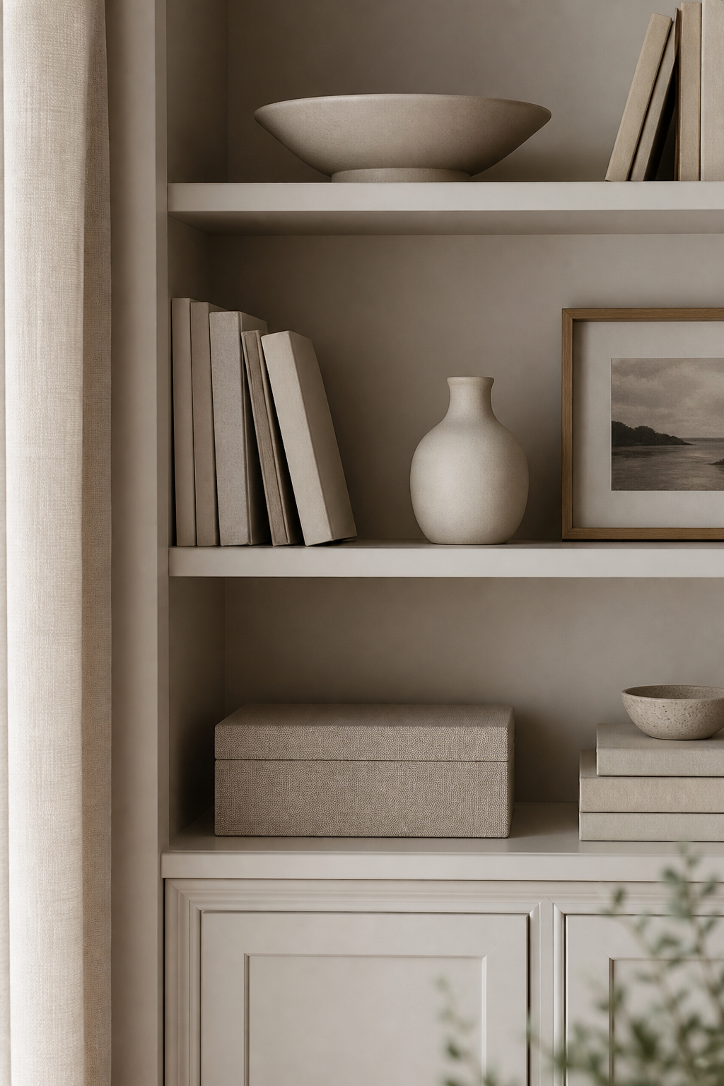 Monochrome cream shelf vignette with books, ceramics, and textured storage