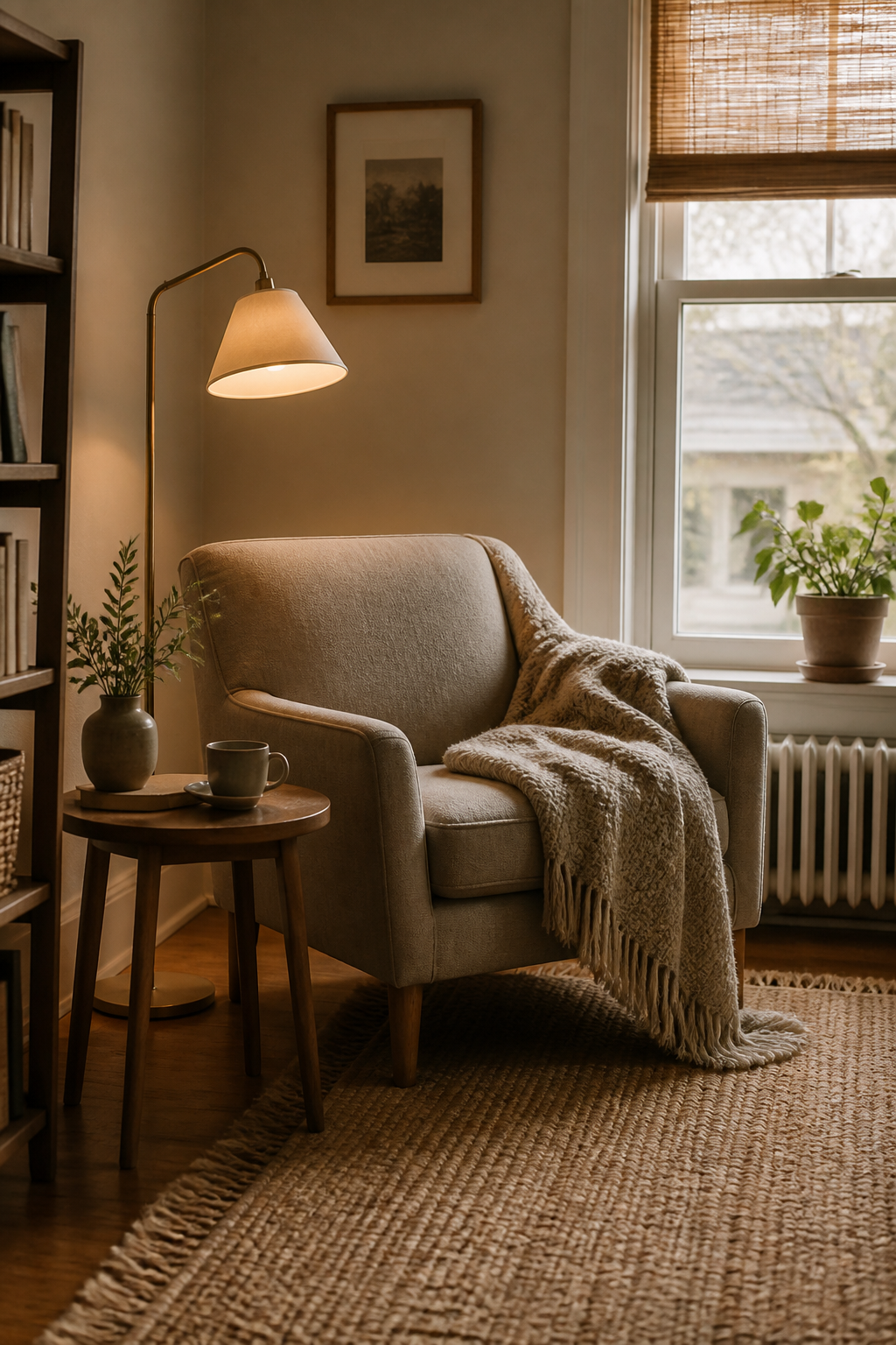 Cozy rental apartment reading chair with lamp and side table