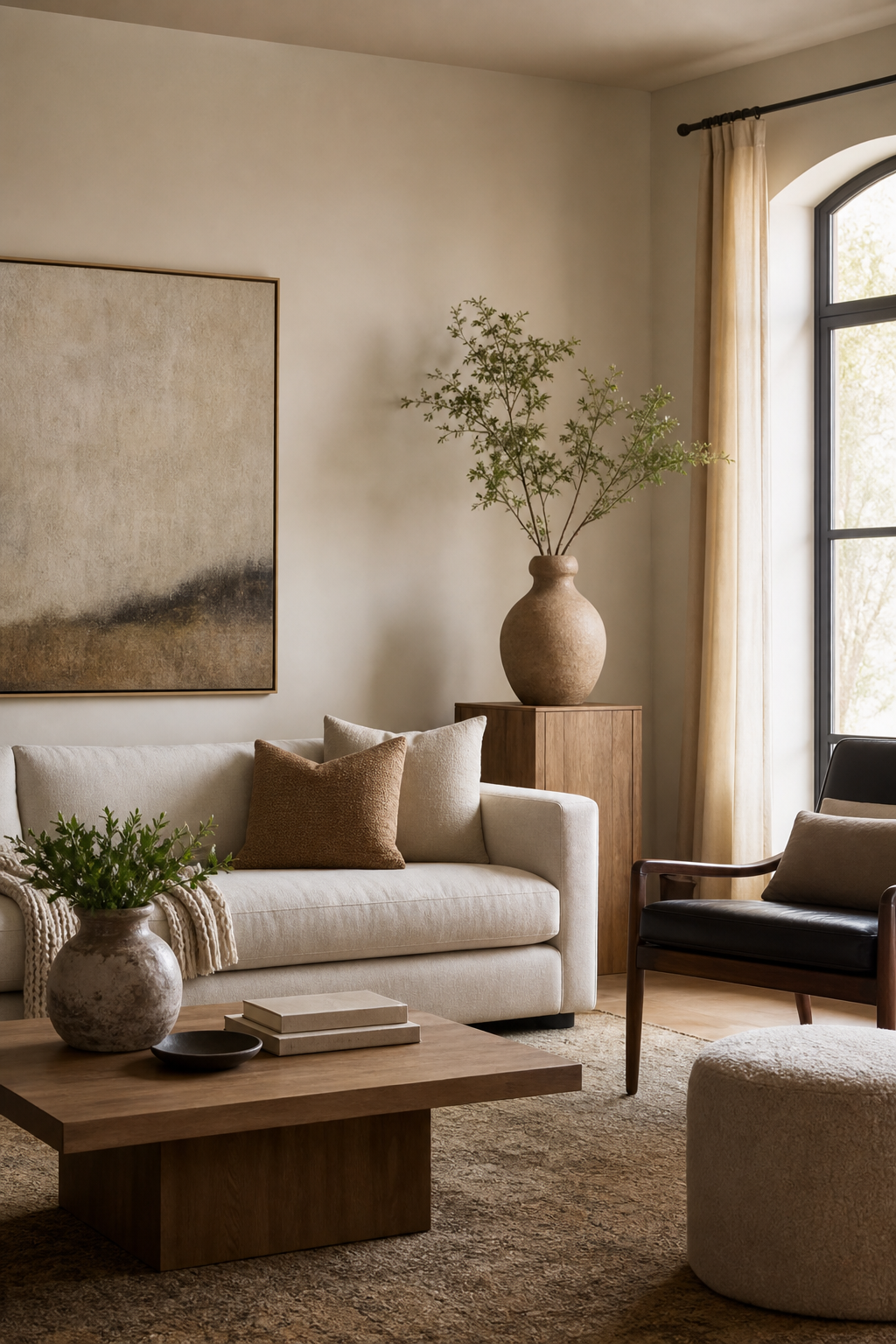 Edited cozy designer living room with restrained styling, neutral sofa, art, ceramic vessels, books, warm rug, clean surfaces