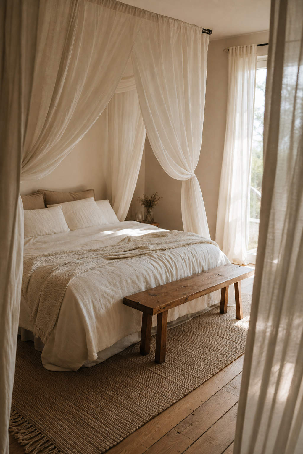 Cozy bedroom with simple linen canopy panels around the bed