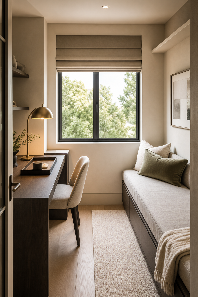 Small room makeover with clear edited surfaces and hidden storage