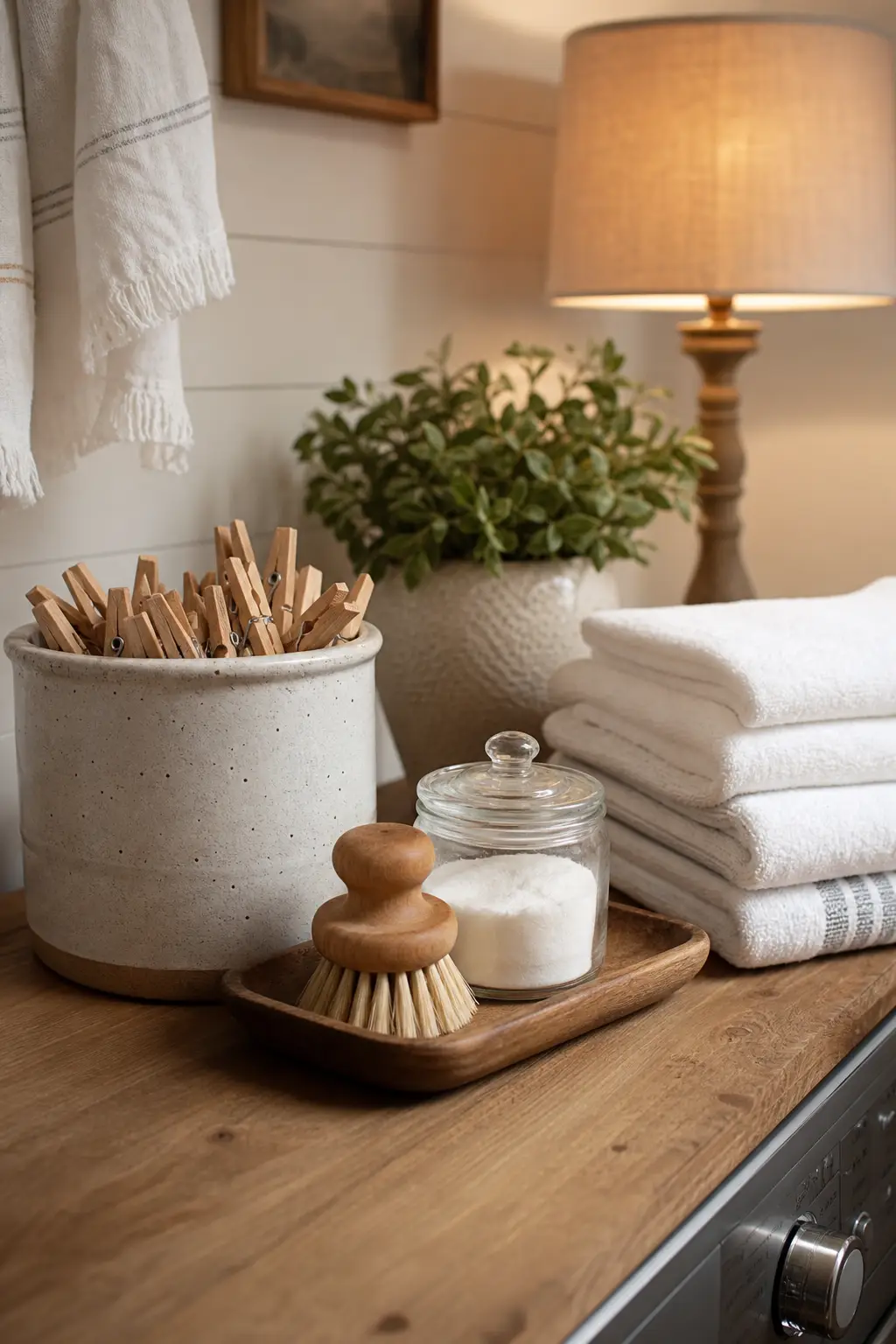 Laundry room counter styled with everyday laundry supplies