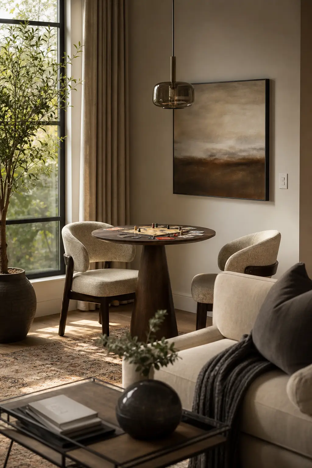 Add small game table in the corner in a cozy designer conversation room