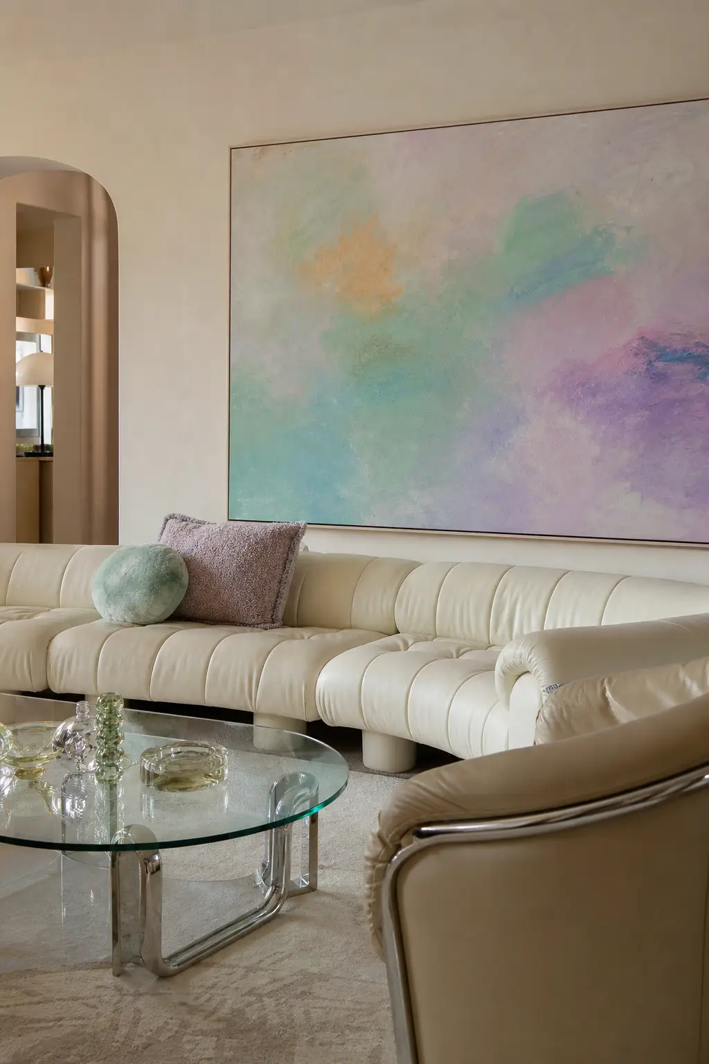 use candy-toned art in a cozy Y2K living room