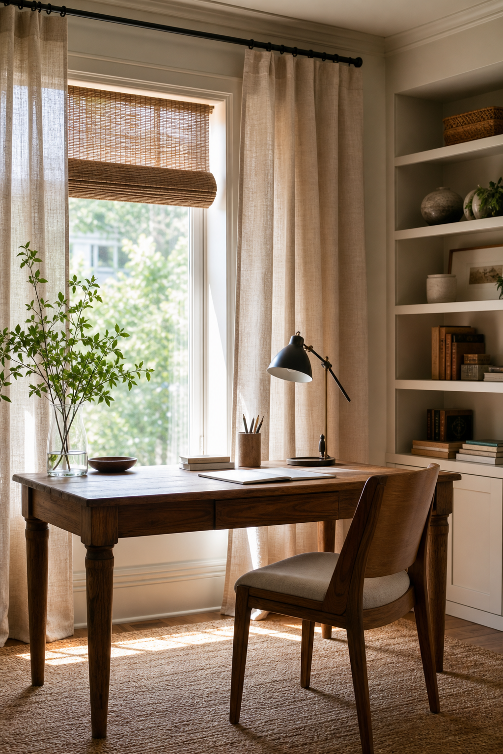 Cozy home office with linen curtains, wood desk by window, roman shade, soft filtered daylight, warm rug