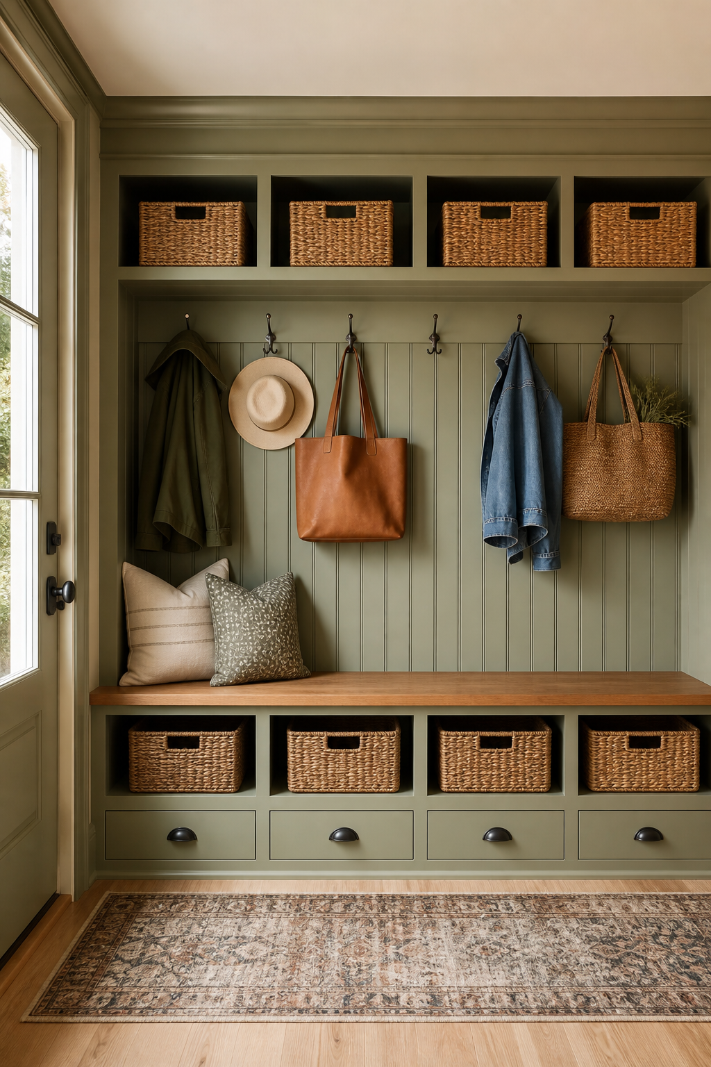 Entryway mudroom wall with bench hooks cubbies and baskets