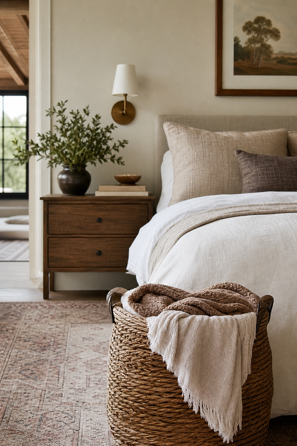 Keep A Basket For Extra Blankets in a cozy Pinterest-worthy bedroom