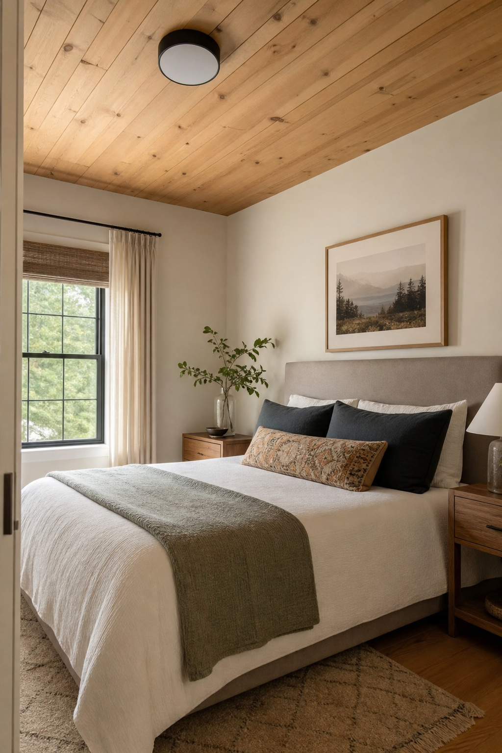Finished cozy guest bedroom with simple vase, neatly made bed, clear nightstands, soft rug, warm daylight