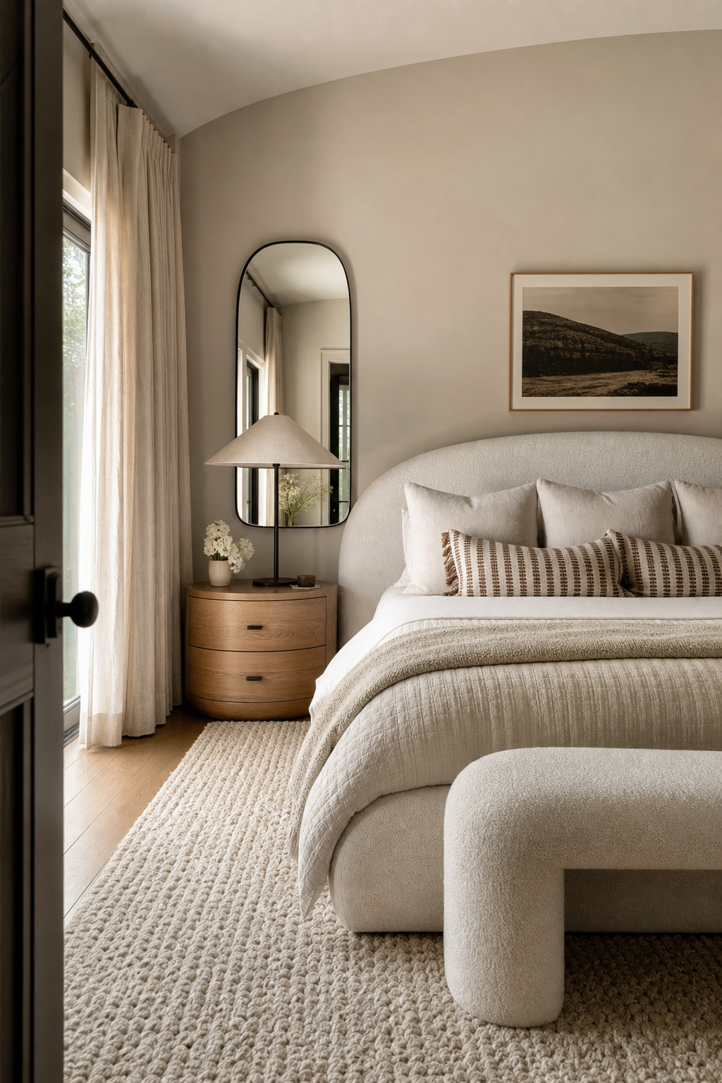 Cozy bedroom with rounded upholstered headboard, oval nightstands, and arched mirror
