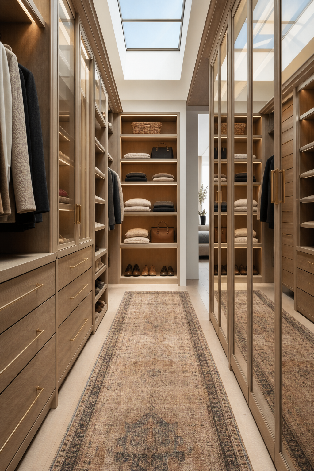 Modern closet design with use a runner to warm the walkway