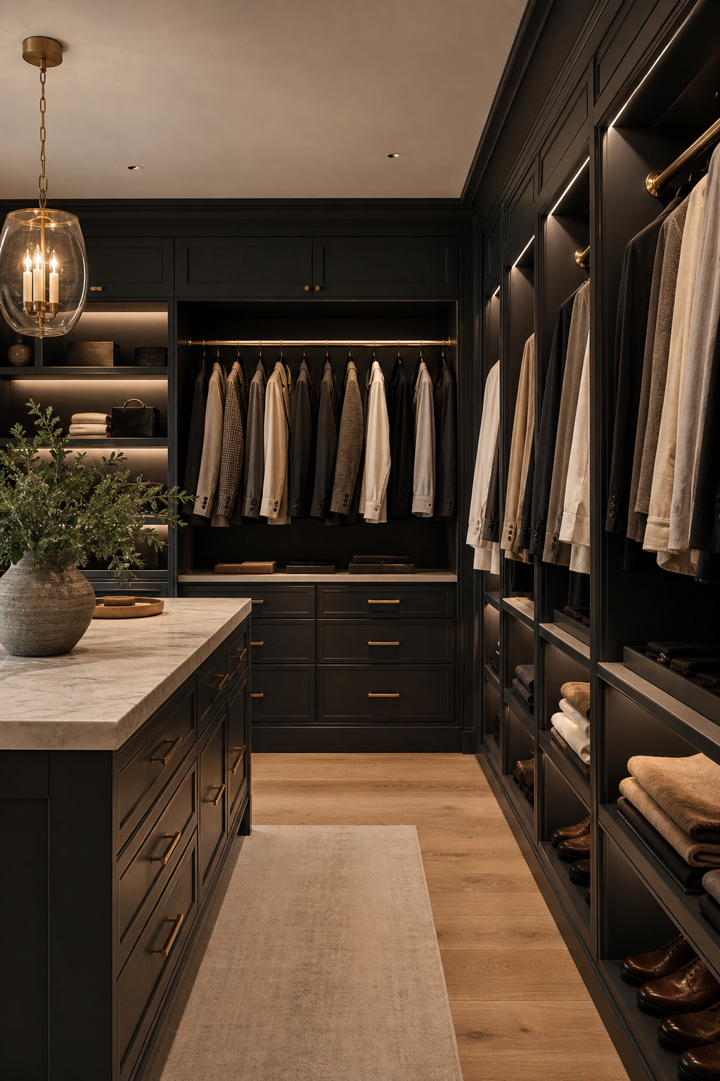 Dressing closet idea with use dark cabinetry for a tailored mood