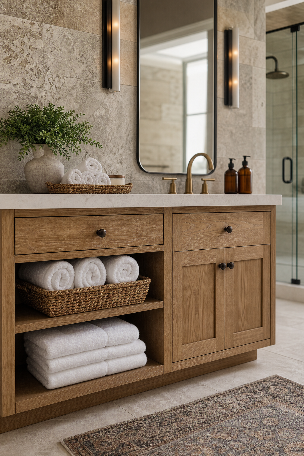 Display rolled towels like spa in a spa-like guest bathroom