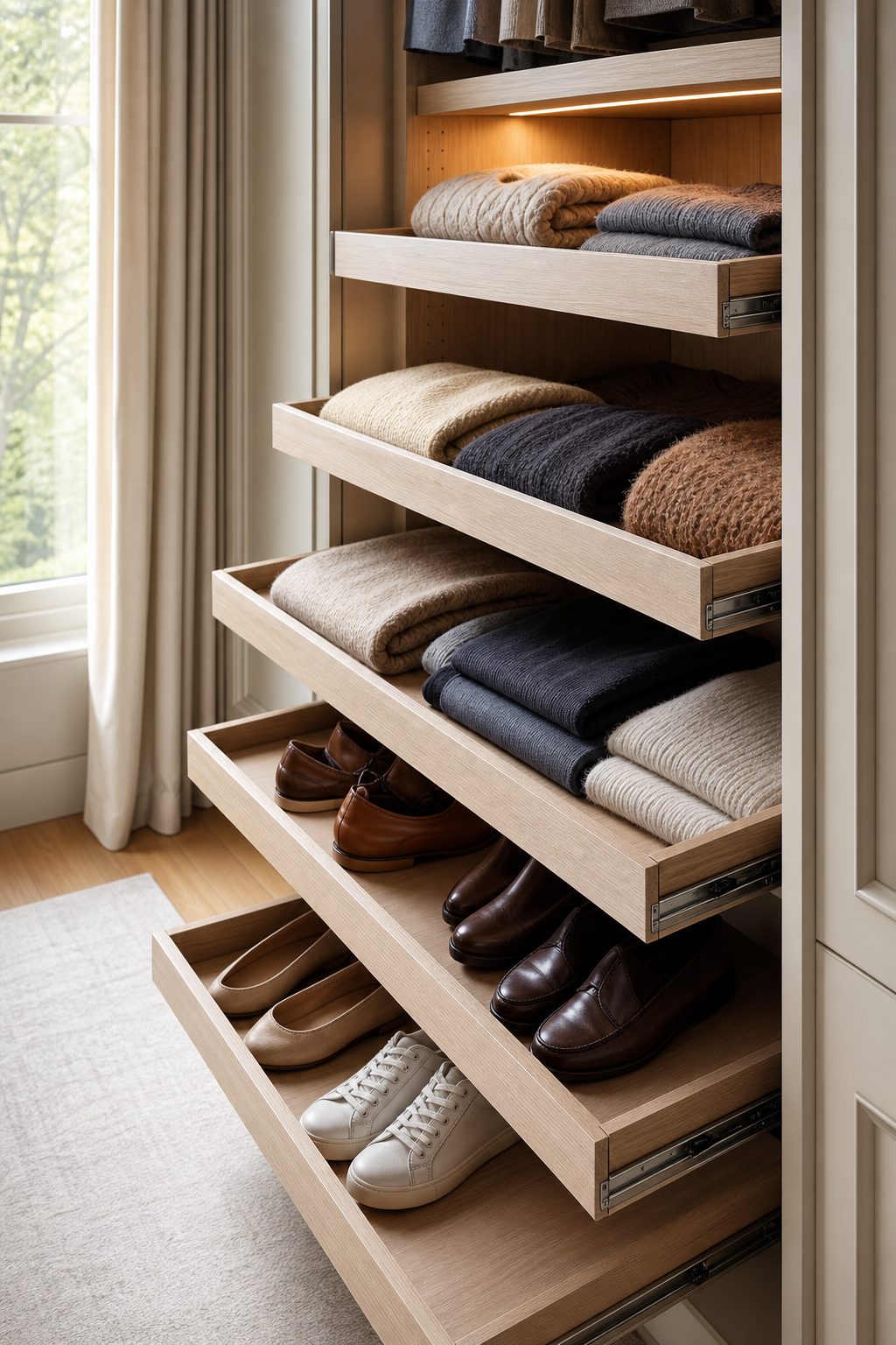 Custom closet with pullout trays for folded sweaters and shoes in white oak cabinetry