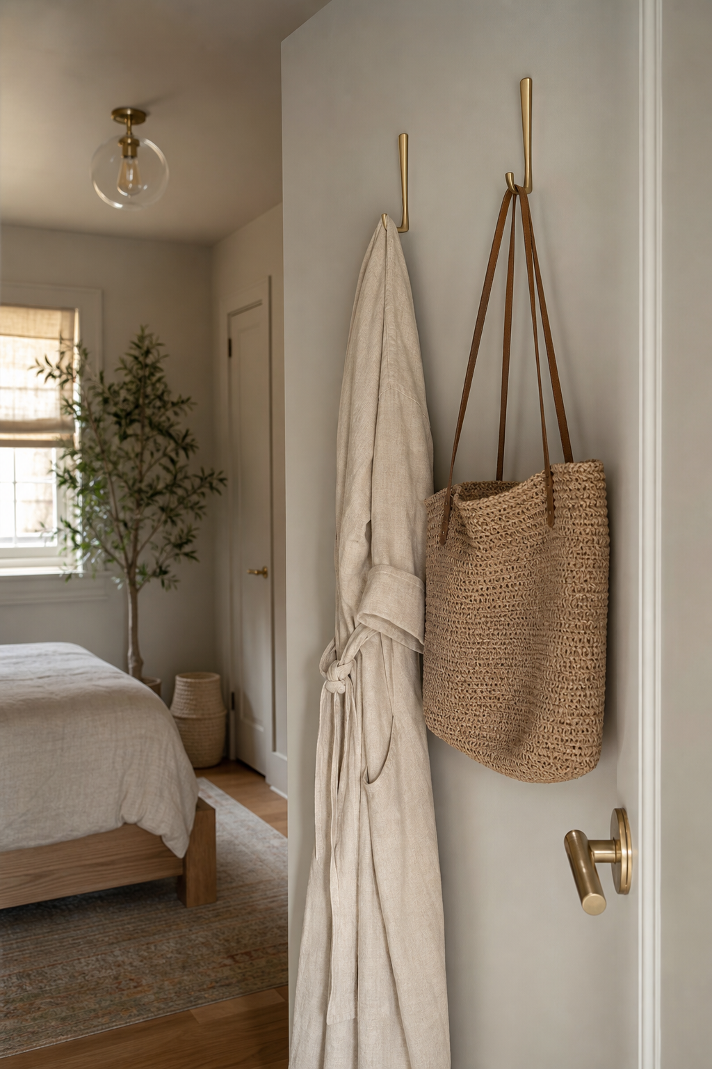 Small bedroom door back with elegant hooks for robe and tote