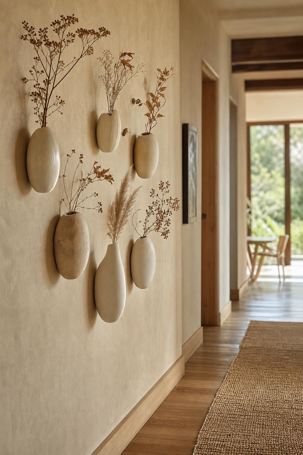 Floating wall vases with dried grasses