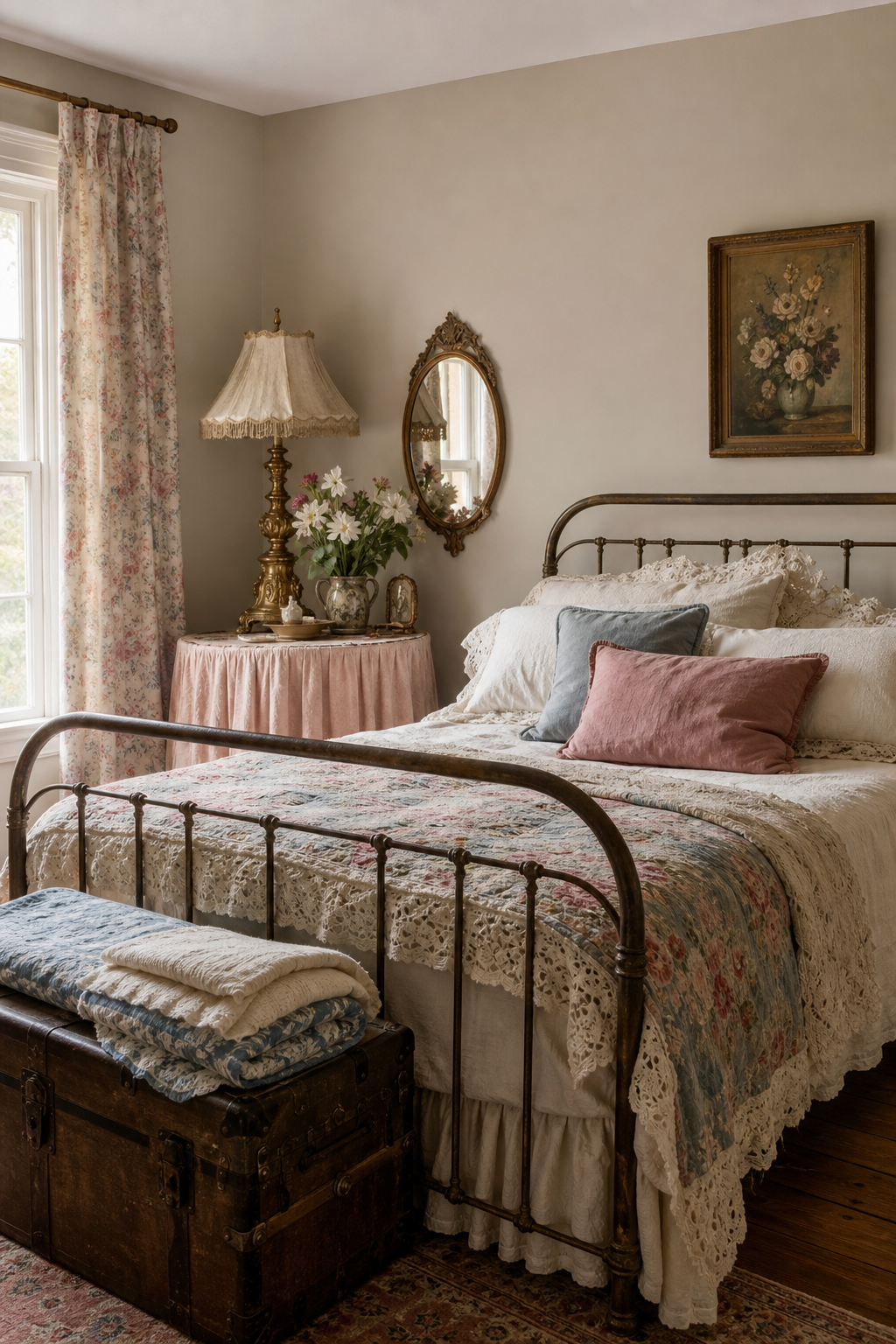 Romantic vintage bedroom with iron bed, floral quilt, antique mirror, and brass lamp