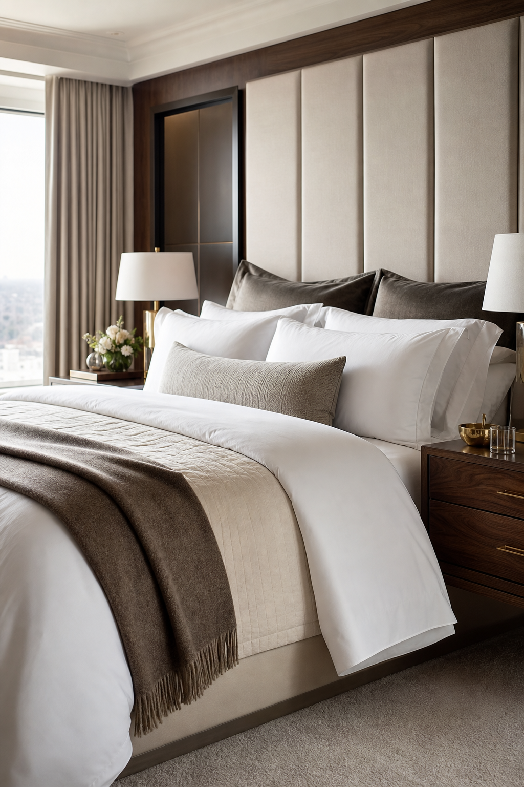 Luxury hotel style bedroom with crisp layered bedding