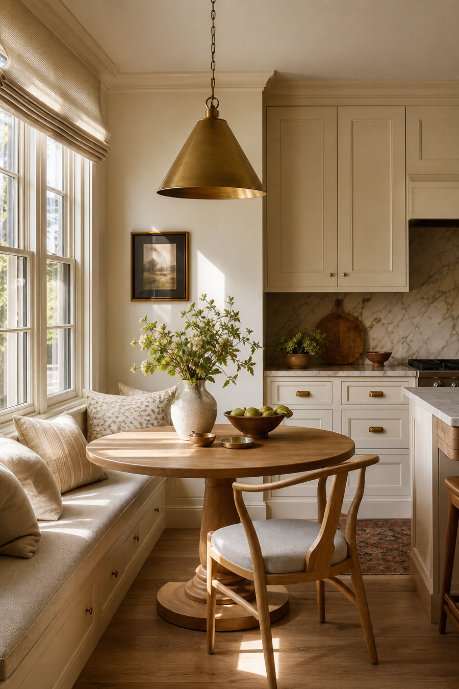 Warm neutral kitchen with cozy built-in breakfast nook