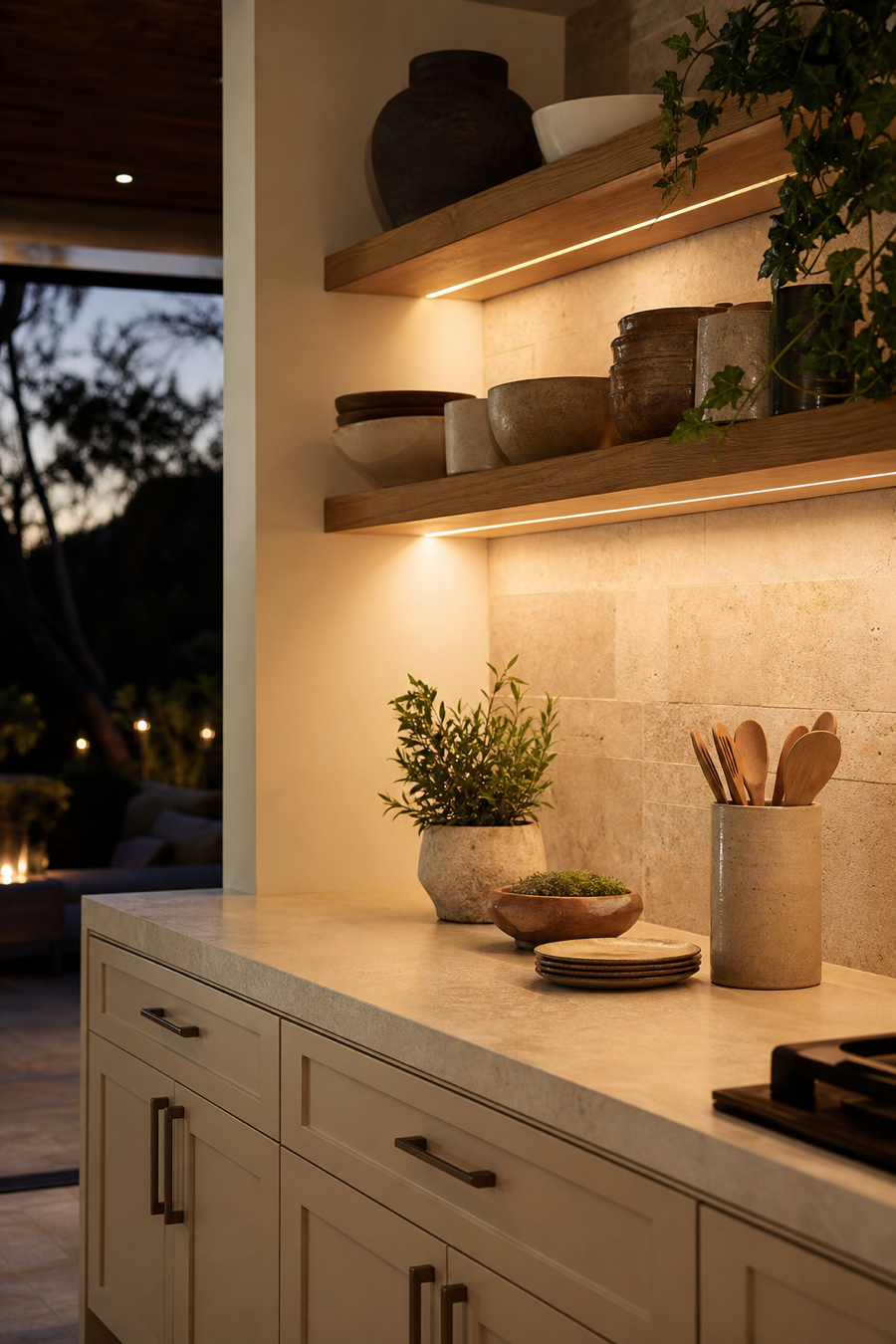 Open kitchen with warm under-shelf task lighting
