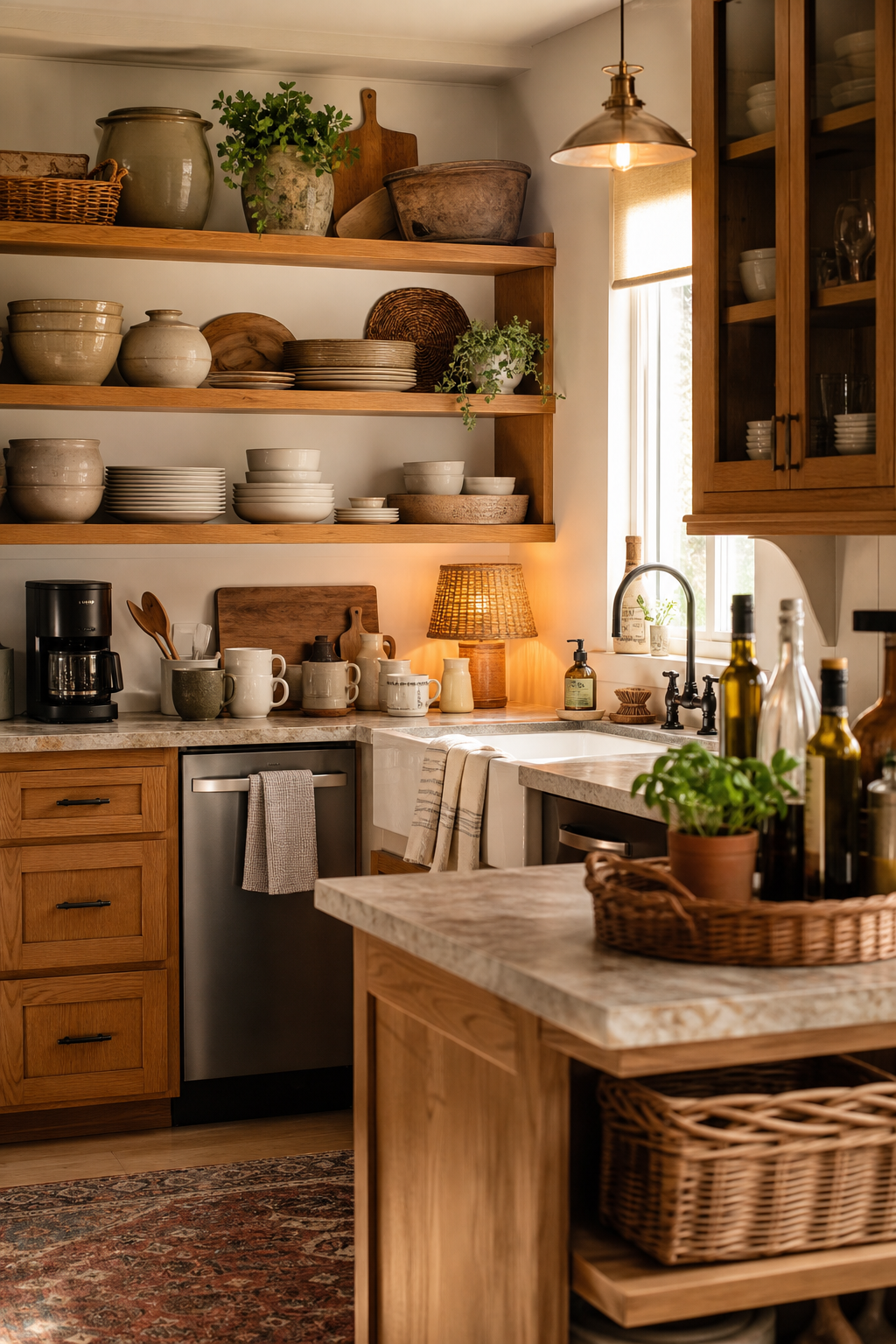 Warm functional kitchen with everyday items organized into practical zones