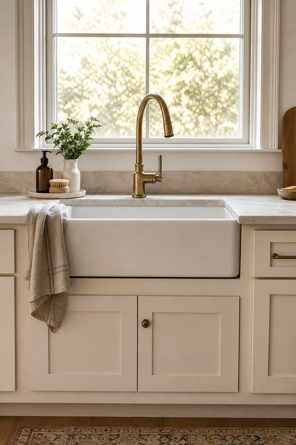 Simple practical kitchen sink area with deep sink, brass faucet, tray, and linen towel