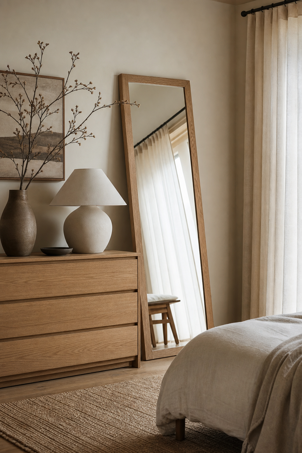 Japandi bedroom with lean a Simple Oak Floor Mirror