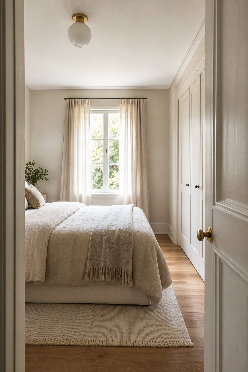Small bedroom viewed from doorway with calm bed sightline, closed storage, and clear floor