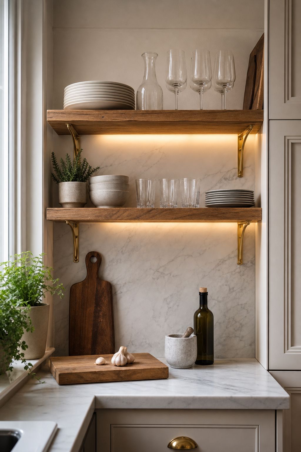 Very small kitchen with oak open shelves, marble backsplash, and carefully styled everyday dishes