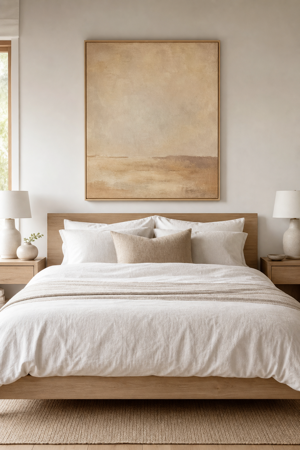 Scandinavian bedroom with warm minimal artwork above the bed
