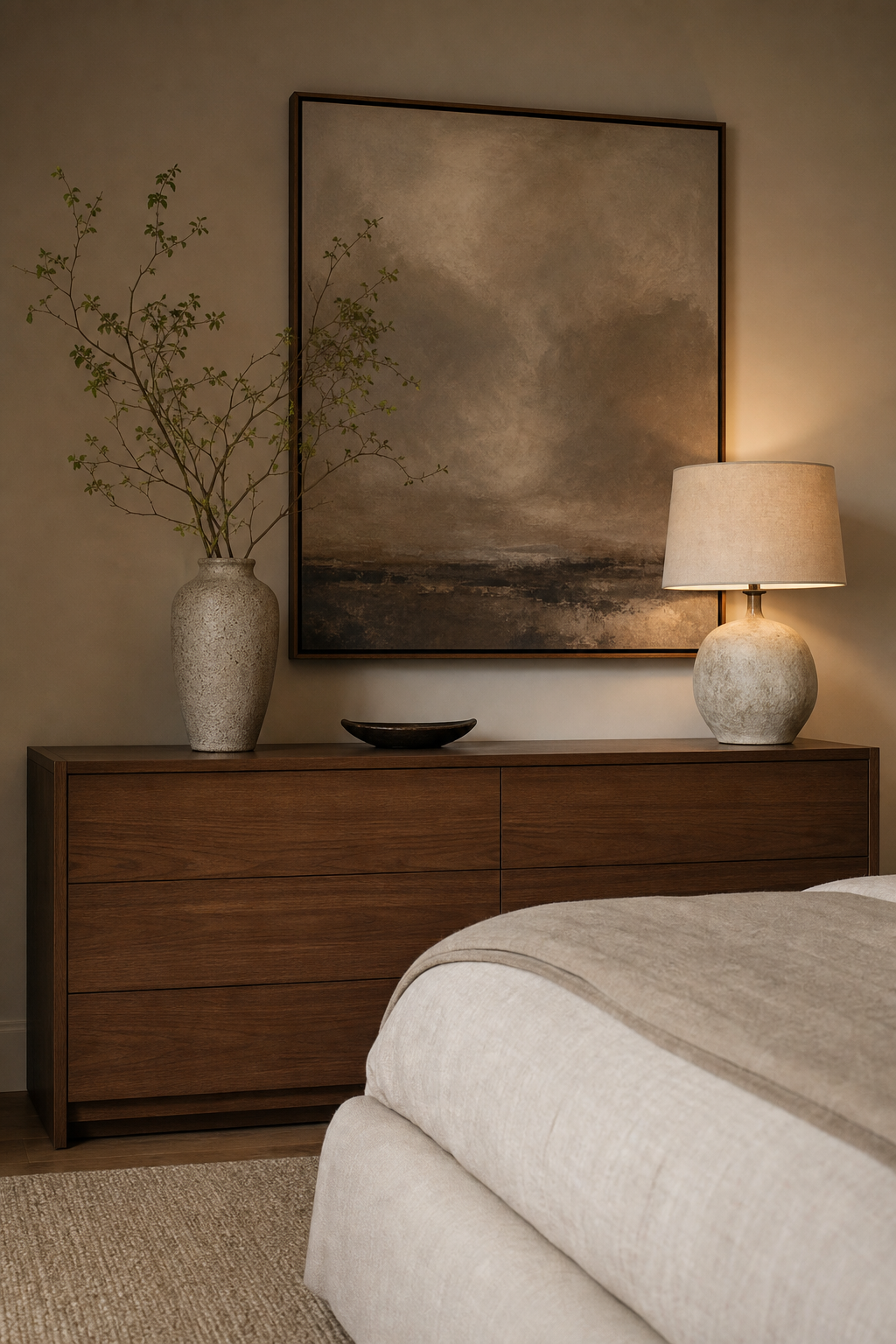 Personal bedroom dresser styled with lamp, framed artwork, tray, bowl, and branch arrangement