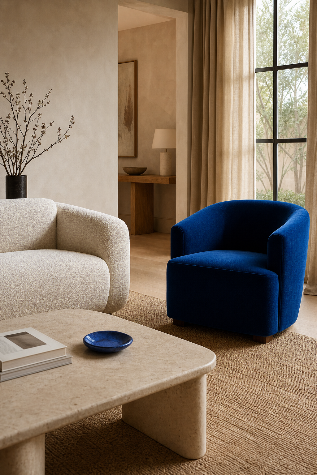 Neutral luxury living room with electric cobalt armchair, boucle sofa, limewashed walls, and stone table