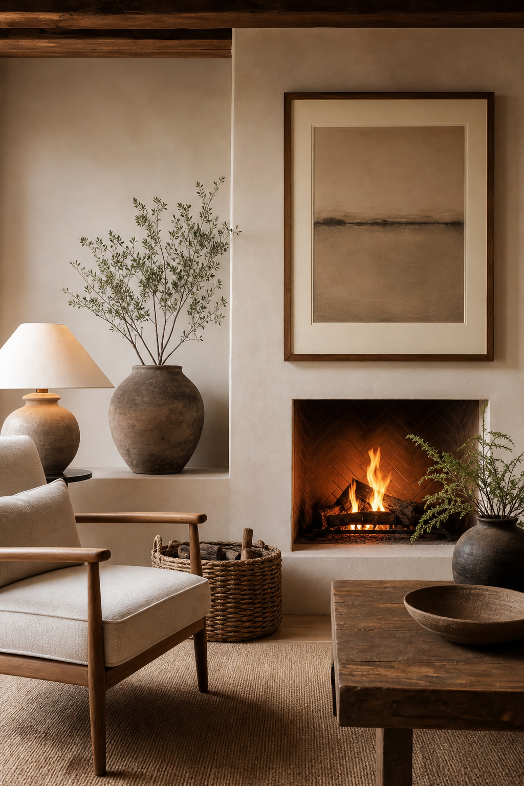 Uncluttered plaster fireplace styled with art and a woven basket in a boho living room