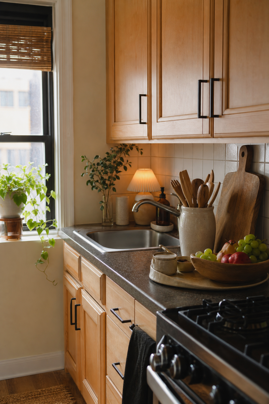 Small apartment kitchen counter styled simply and kept clear