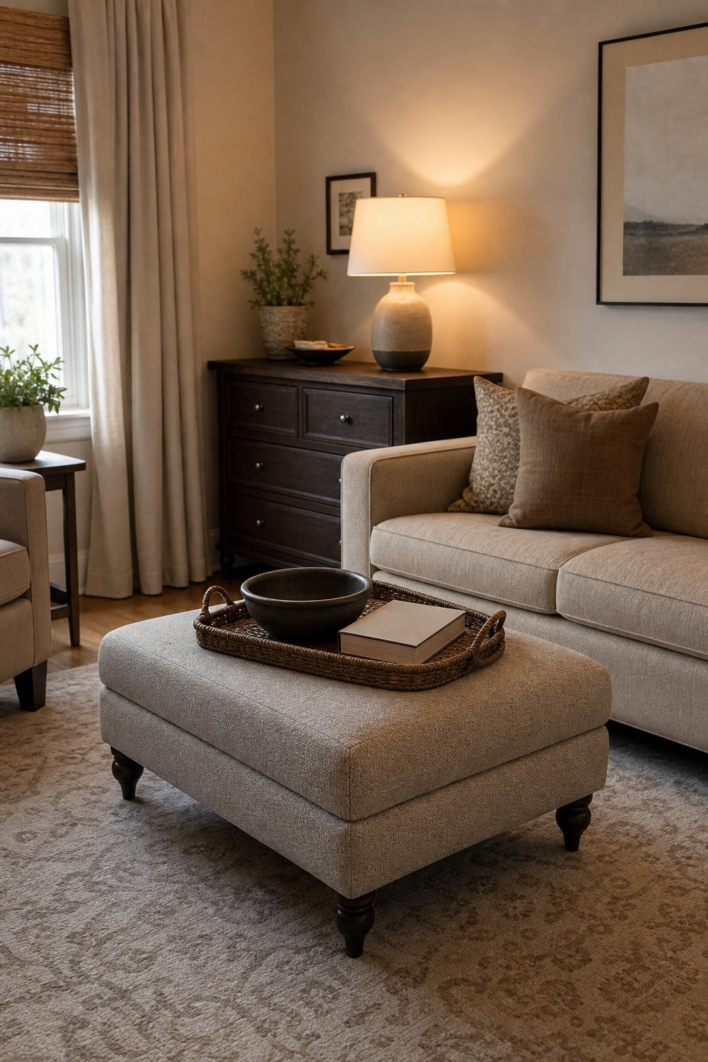 Small living room with tailored ottoman coffee table