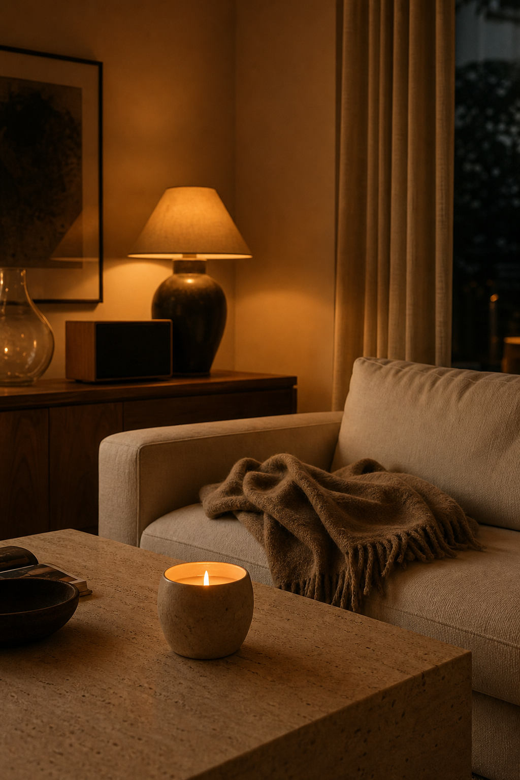 Cozy small apartment evening scene with warm lamps, candlelight, and folded wool throw