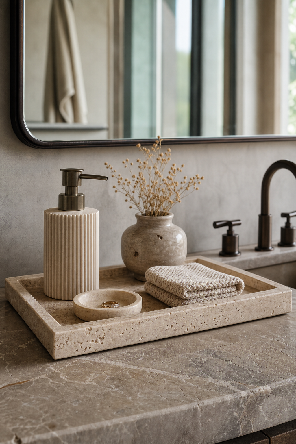 Bathroom vanity tray with hand soap and folded cloth