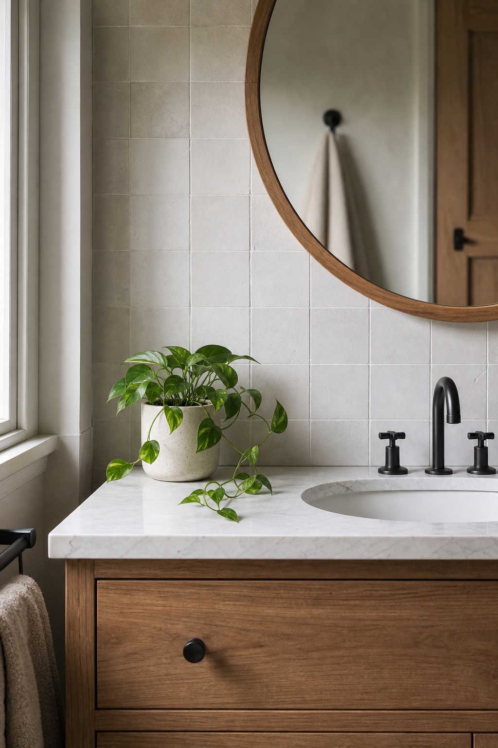 Small bathroom vanity with one green plant accent