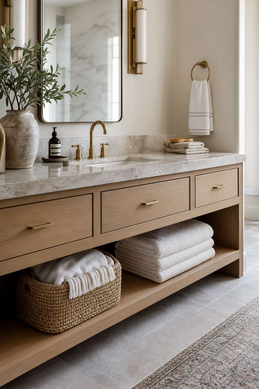 Closed and open storage in an organized master bath