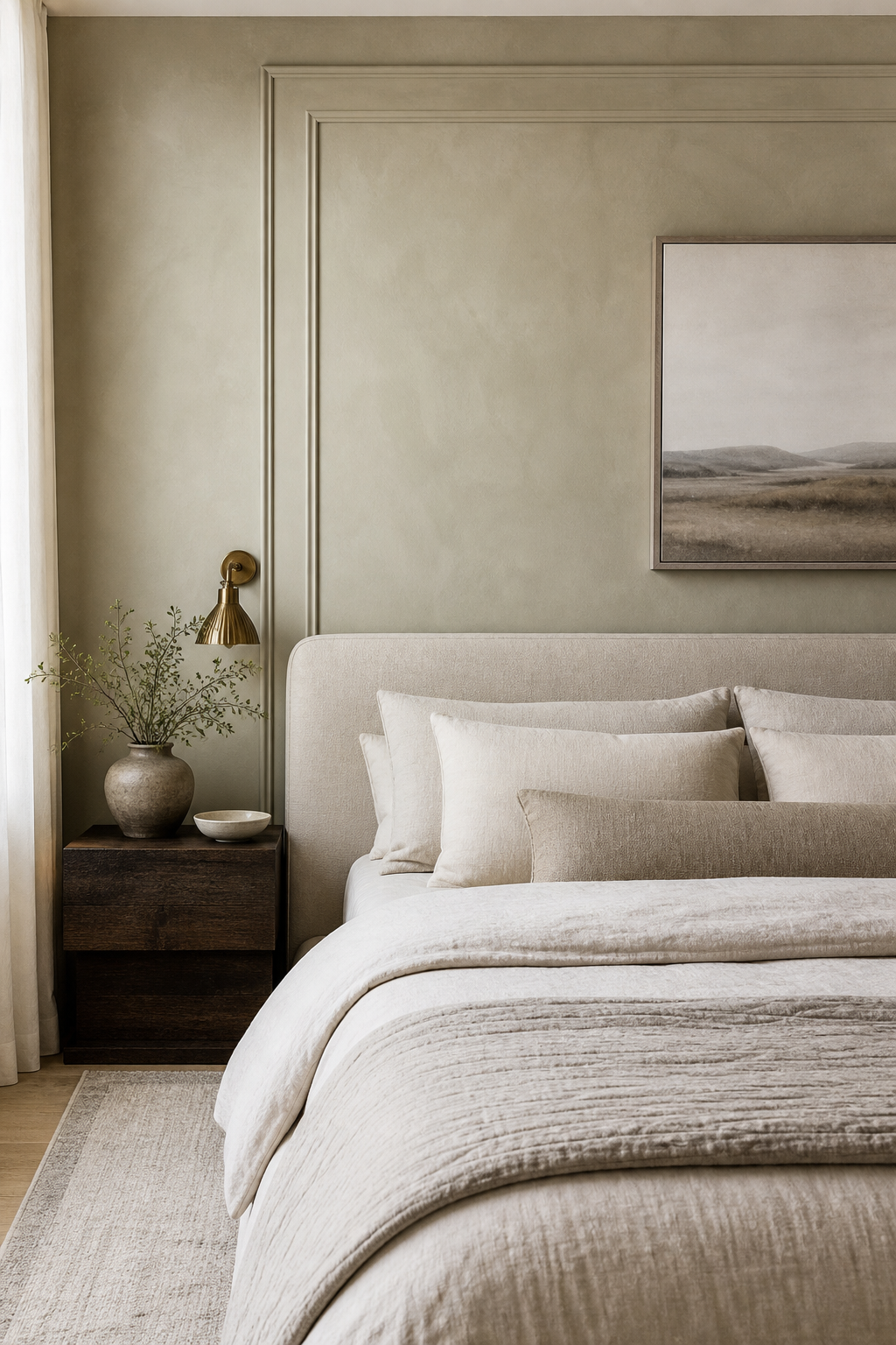 Subtle limewash headboard wall feature in a simple bedroom