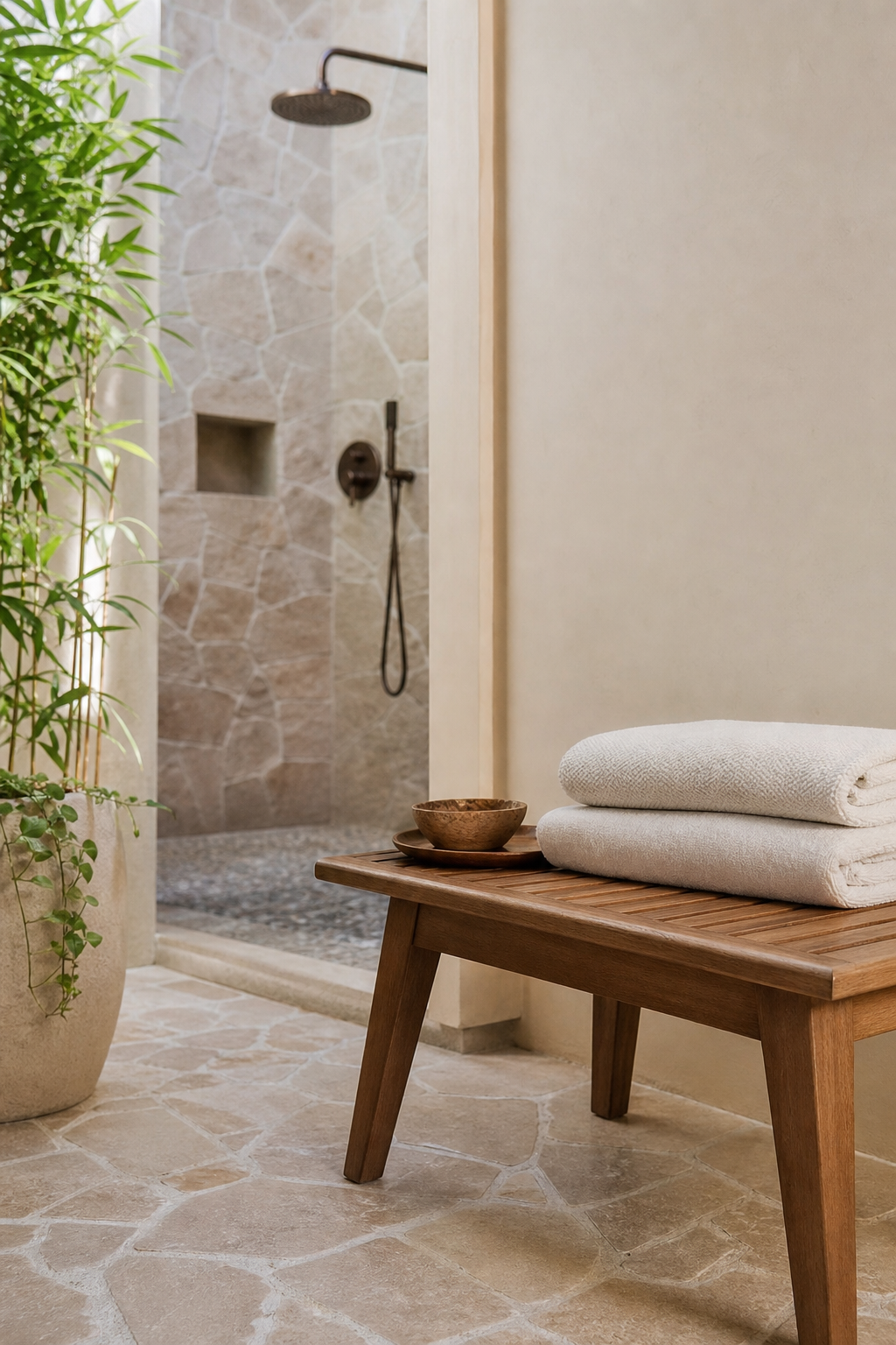 set a small bench near the shower in a cozy spa-like bathroom