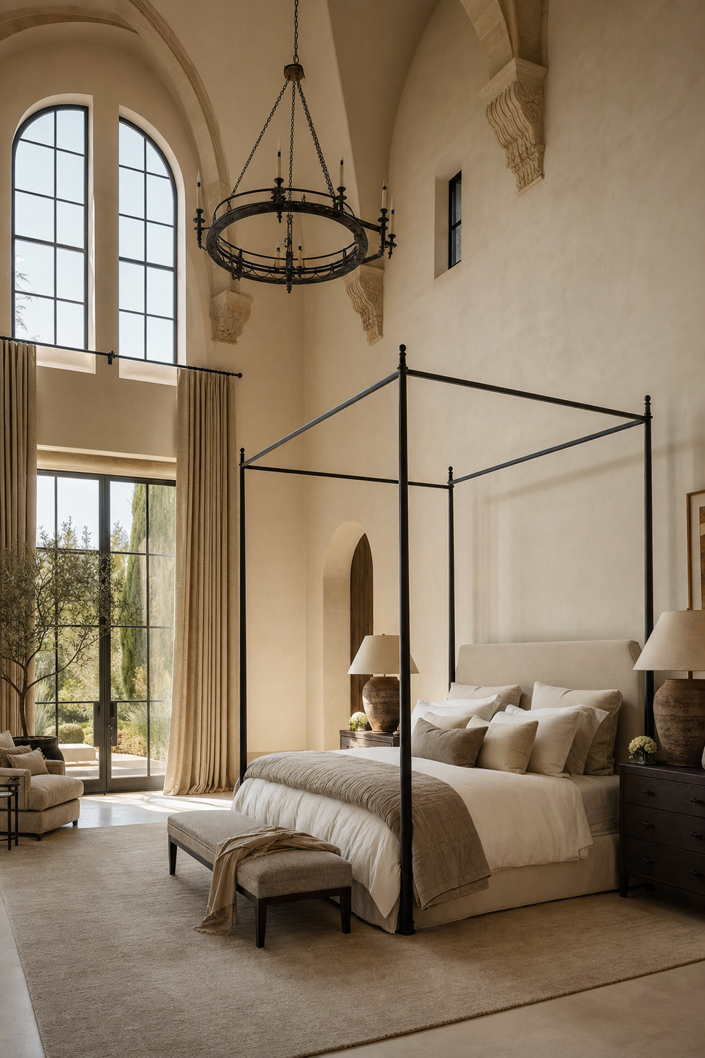 Tall canopy bed designed for a high-ceiling bedroom