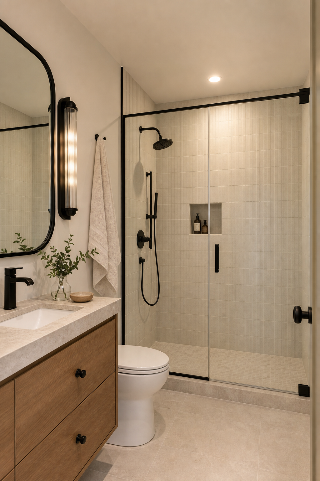 Small bathroom interior idea with use black accents sparingly