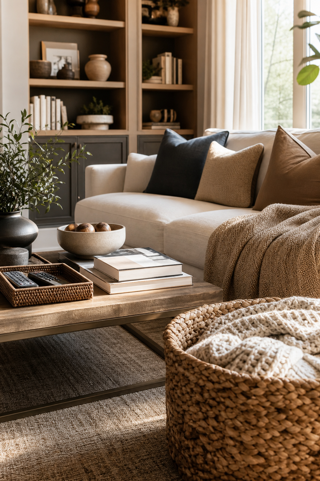 Cozy living room with edited practical decor and woven basket