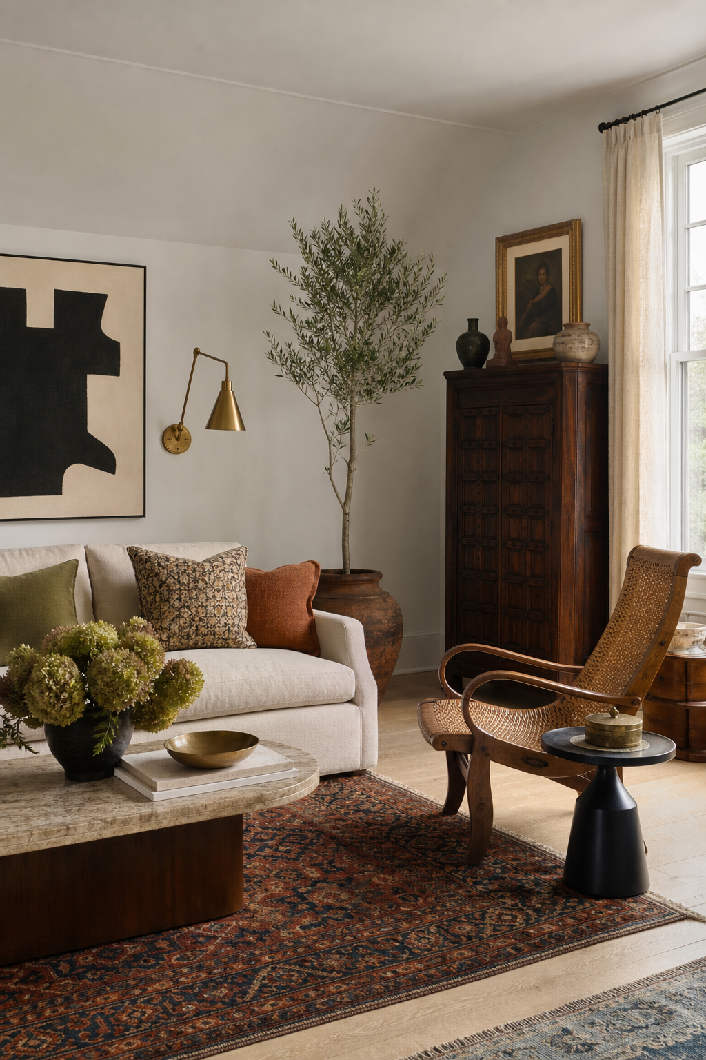Edited eclectic living room with balanced layering and negative space