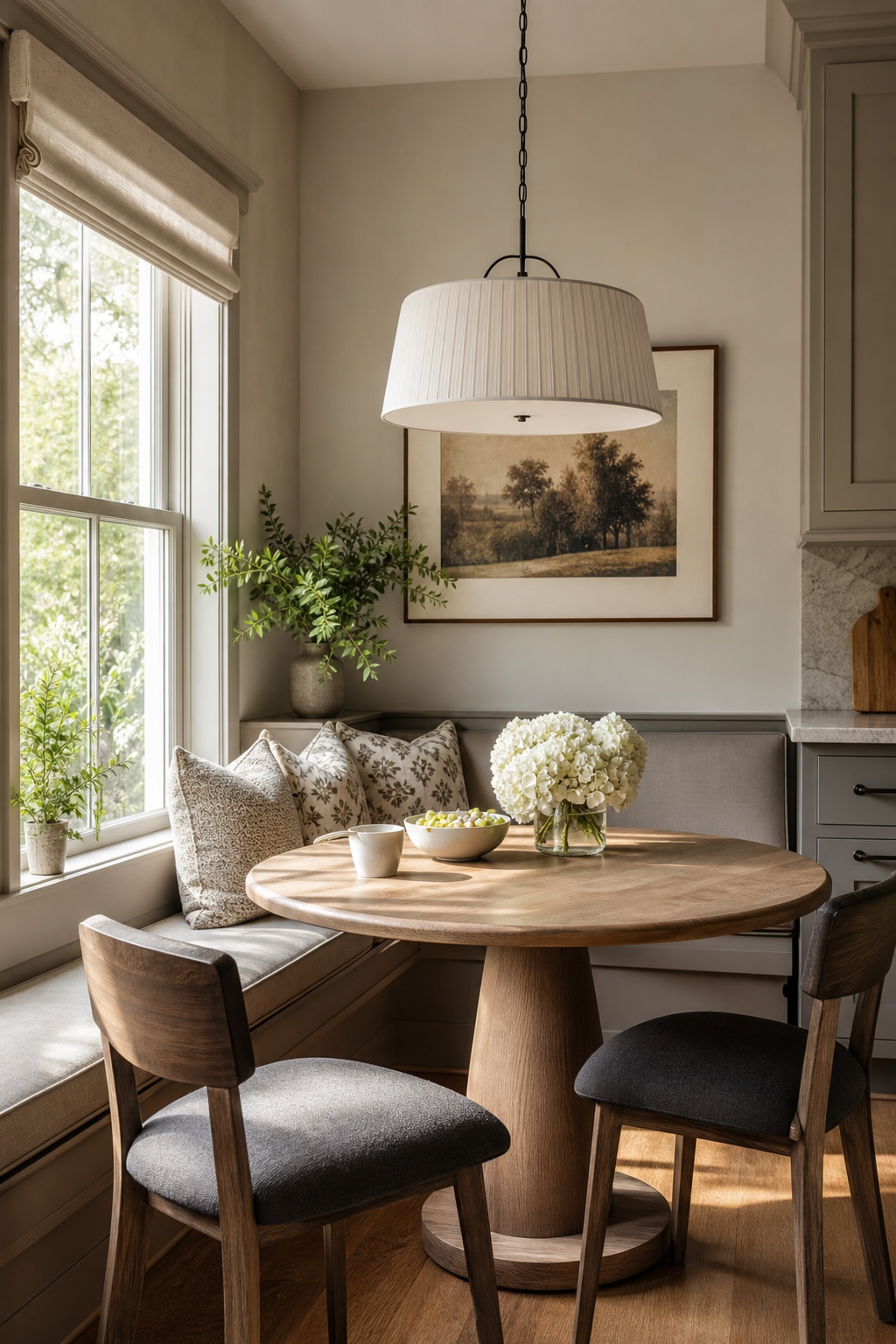 Elegant breakfast nook with banquette seating, round table, and pendant light