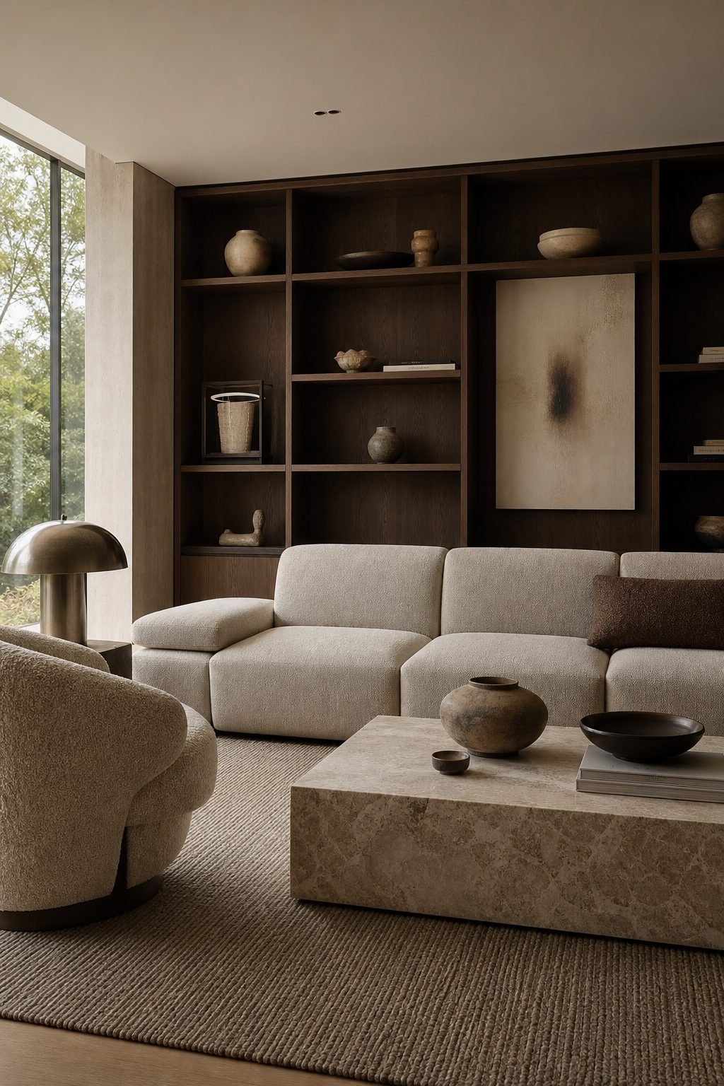 Low stone modular-look 3 seater sofa styled with marble and dark oak in a contemporary living room