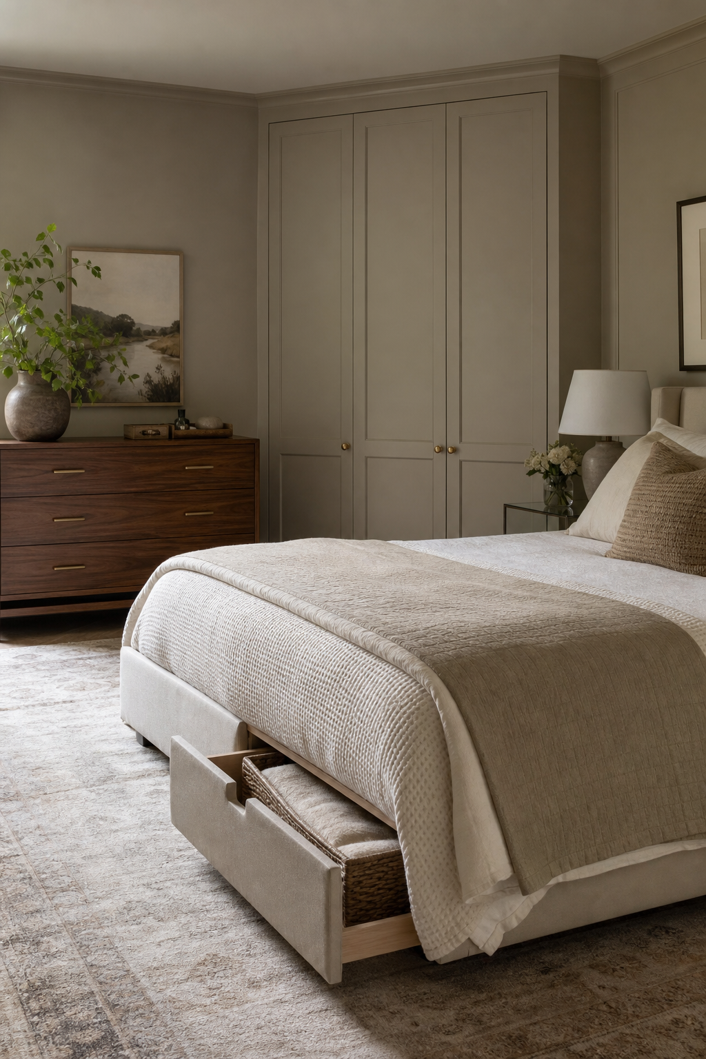 Cozy bedroom with built-in greige wardrobes, walnut dresser, and discreet storage