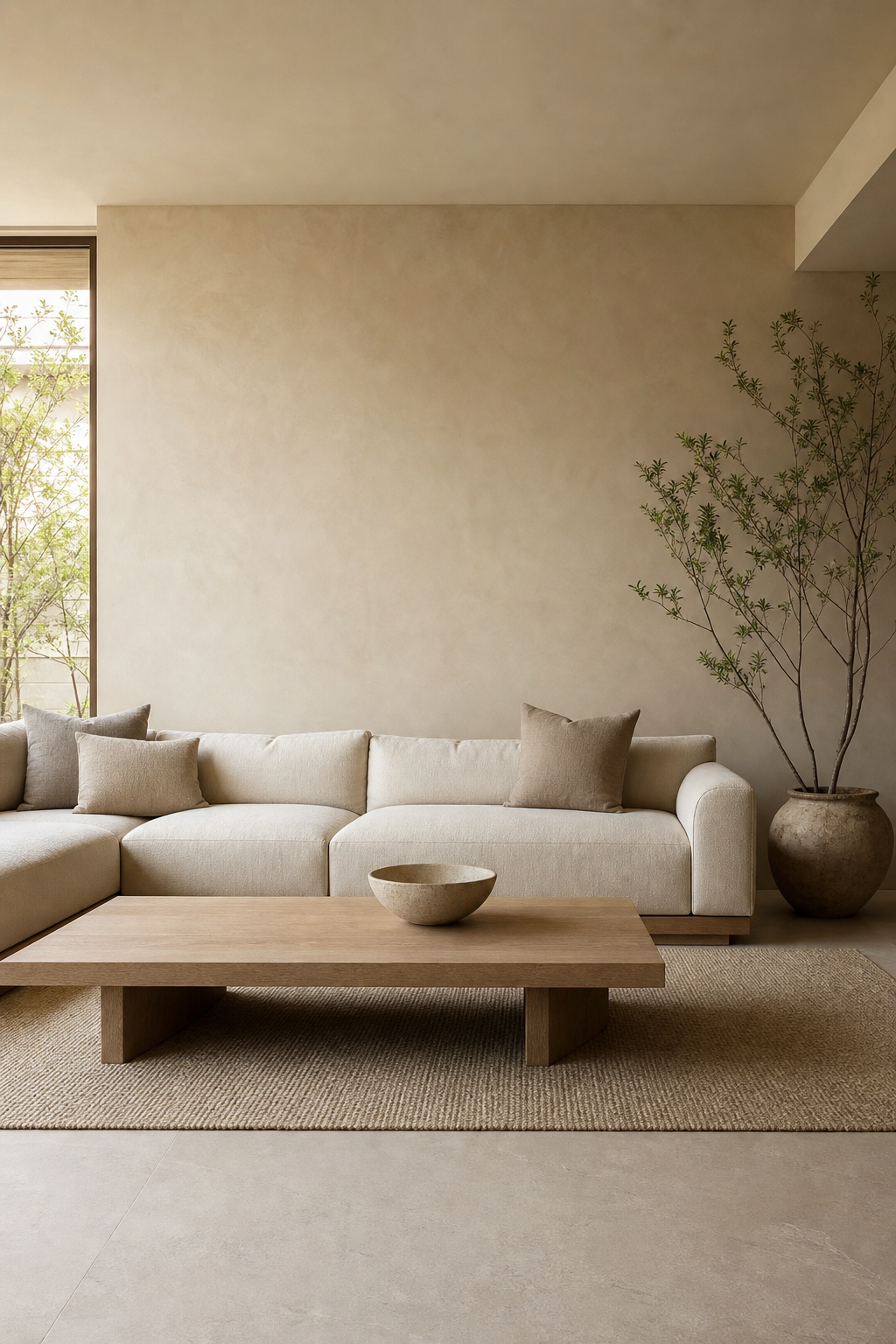 Minimal Japandi living room with intentional negative space
